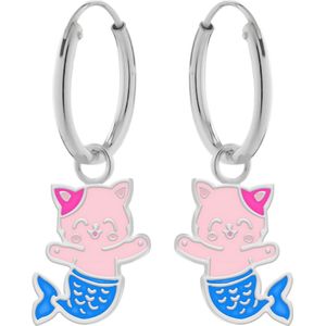 Zilveren oorringen met hanger, roze katje met blauwe zeemeerminstaart
