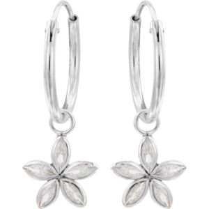 Zilveren oorringen met hanger, bloem van kristallen