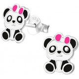 Zilveren oorstekers, panda met roze strik