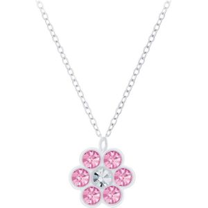 Zilveren ketting met hanger, bloem met roze kristallen