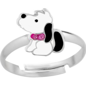 Zilveren ring, hondje met roze kristallen halsband