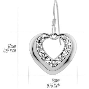 Zilveren oorhangers, opengewerkt hart met sierlijke binnenrand