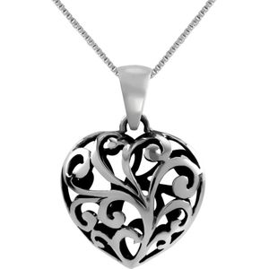 Zilveren ketting met hanger, driedimensionaal opengewerkt hart