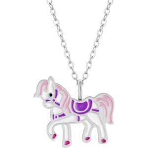 Zilveren ketting met hanger, paard met roze manen en paars zadel