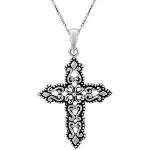 Zilveren ketting met hanger, kruis met sierlijke details en bolletjes