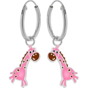 Zilveren oorringen met hanger, roze giraf