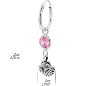 Zilveren oorringen met hanger, schelp en roze kristal