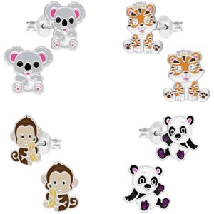 Kinderoorbellen, set van vier oorstekers van dieren, koala, panda, tijger en aap