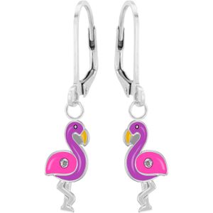 Zilveren oorhangers, roze met paarse flamingo met kristal