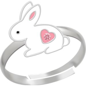 Zilveren ring, wit konijntje met roze hartje en kristal