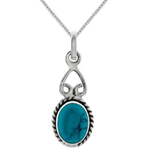 Zilveren ketting, ovale turquoise steen met sierlijk omgekeerd hart