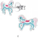 Zilveren oorstekers, blauw paard met roze manen