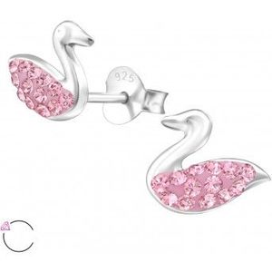 Zilveren oorstekers, zwaan met roze Swarovski kristallen