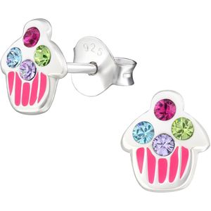 Zilveren oorstekers, cupcakes, roze met kristallen
