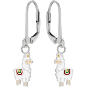 Zilveren oorhangers, alpaca unicorn met regenboog zadel