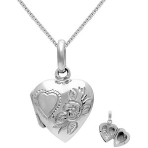 Zilveren ketting, hart medaillon sierlijk bewerkt met hart en bloem