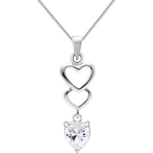 Zilveren ketting, opengewerkte harten en hanger van hart van kristal