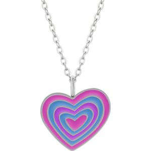 Zilveren ketting met hanger, hart in roze, paars en blauw
