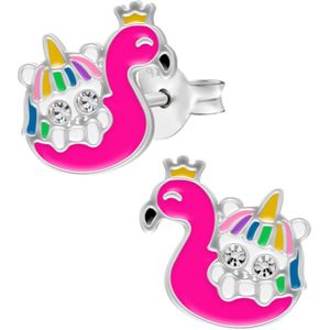 Zilveren oorstekers, flamingo met unicorn met ogen van kristal