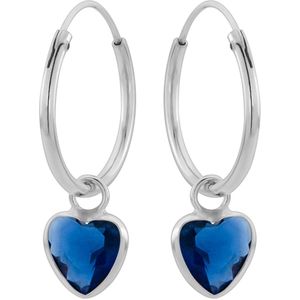 Zilveren oorringen met hanger, hartvormige cubic zirkonia steen kleur capri blue