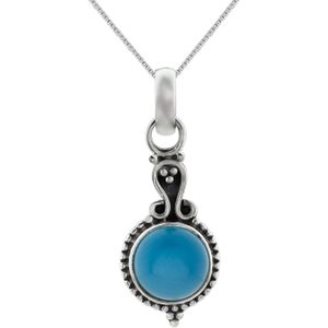 Zilveren ketting, blauwe ronde chalcedoon steen met details