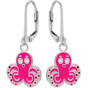 Zilveren oorhangers, roze octopus met kristalogen