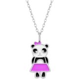 Zilveren ketting met hanger, panda met roze rokje en strikje