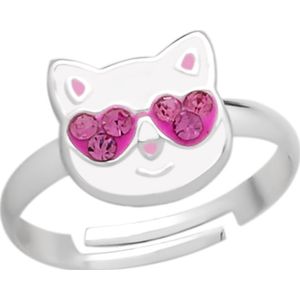 Zilveren ring, witte kattenkop met roze zonnebril