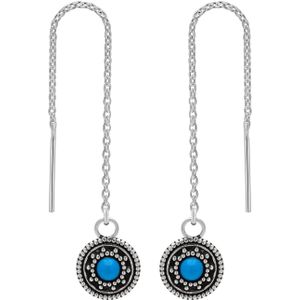 Zilveren chain oorbellen, cirkel met zonnetje en blauwe steen