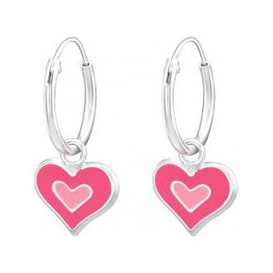 Zilveren oorringen met hanger, roze hartjes