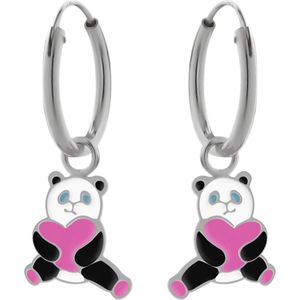 Zilveren oorringen met hanger, panda met hart