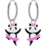 Zilveren oorringen met hanger, dansende panda met rokje