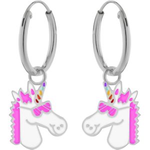 Zilveren oorbellen met hanger, eenhoornhoofd met roze zonnebril