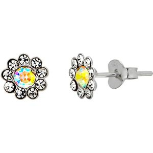 Zilveren oorstekers, bloem met 10 kristallen, diverse kleuren