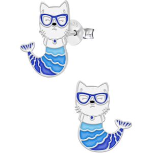 Zilveren oorstekers, kat met blauwe zeemeerminstaart en bril