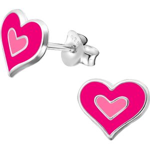 Zilveren oorstekers, hart in twee tinten roze