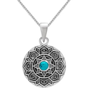 Zilveren ketting met hanger, bewerkte cirkel met turquoise steen en patroon