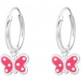 Zilveren oorringen met hanger, roze vlinder