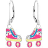 Zilveren oorhangers, gekleurde rolschaats met regenboog en glitters