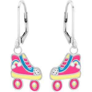 Zilveren oorhangers, gekleurde rolschaats met regenboog en glitters