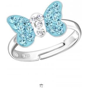 Zilveren ring met vlinder, blauw met wit