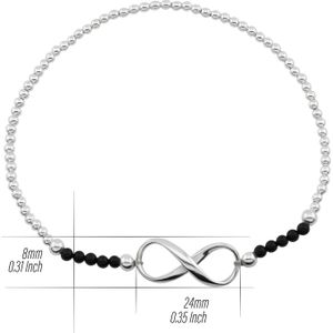 Zilveren armband van elastiek met zilveren en zwarte bolletjes en infinity teken