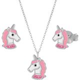 Set van zilveren ketting en oorstekers, roze eenhoorn met kristallen halsband