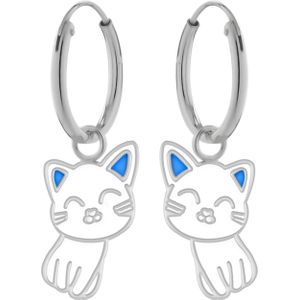 Zilveren oorringen met hanger, wit katje met blauwe oortjes