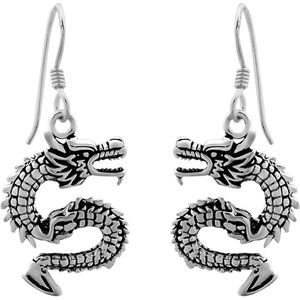 Zilveren oorhangers, Chinese draak met bewerkte en geoxideerde delen
