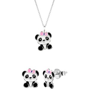 Set zilveren ketting en oorstekers, panda met roze strikje