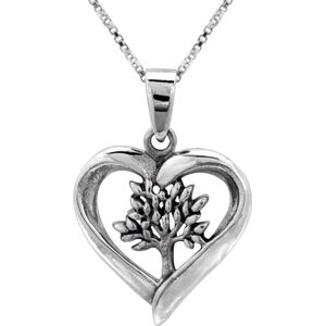 Zilveren ketting met hanger, opengewerkt hart met levensboom