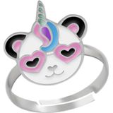 Zilveren ring, panda-eenhoorn met roze hartjesbril