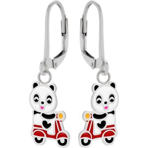 Zilveren oorhangers, panda op rode scooter