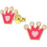 Gold plated oorstekers, roze kroon met roze glitterbolletjes en hartje